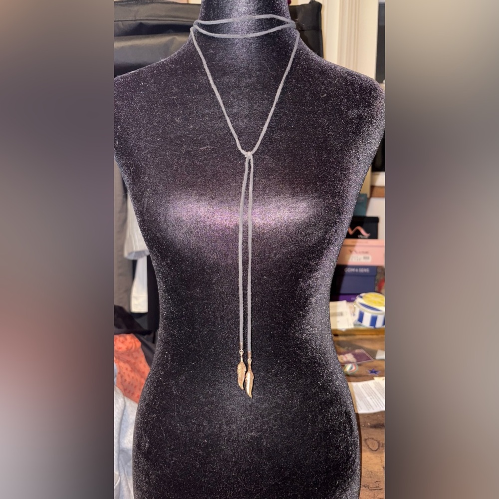 Black Suede Lariat Choker necklace with 2 Gold Feather Pendants